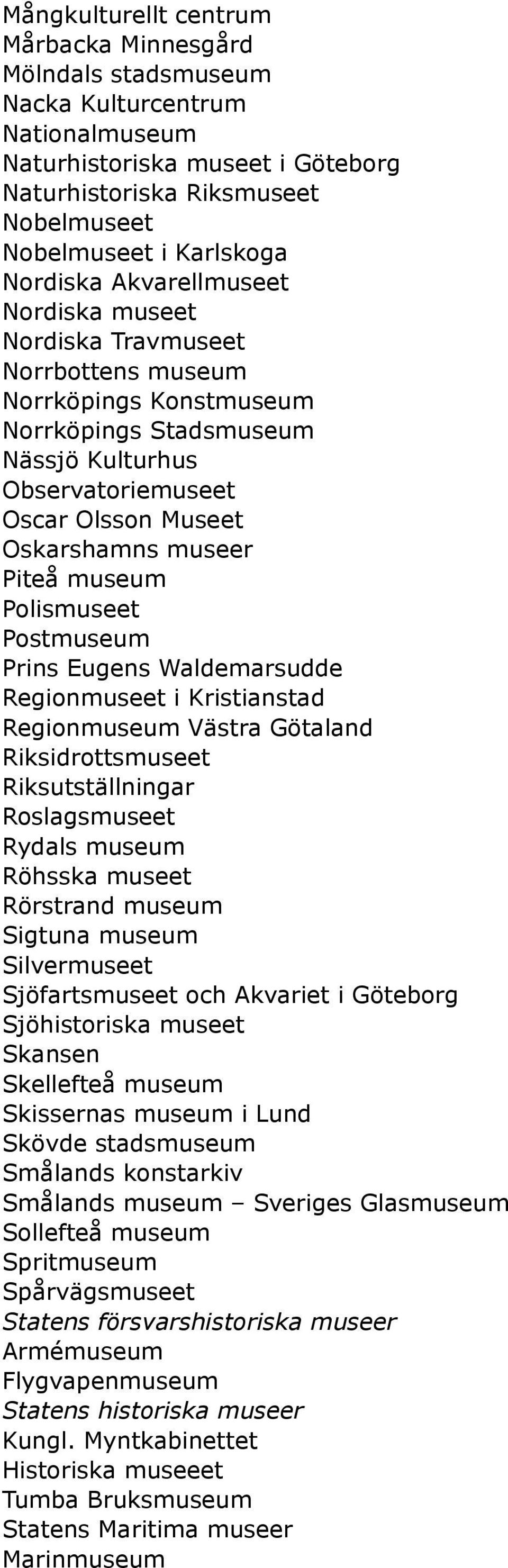 museer Piteå museum Polismuseet Postmuseum Prins Eugens Waldemarsudde Regionmuseet i Kristianstad Regionmuseum Västra Götaland Riksidrottsmuseet Riksutställningar Roslagsmuseet Rydals museum Röhsska