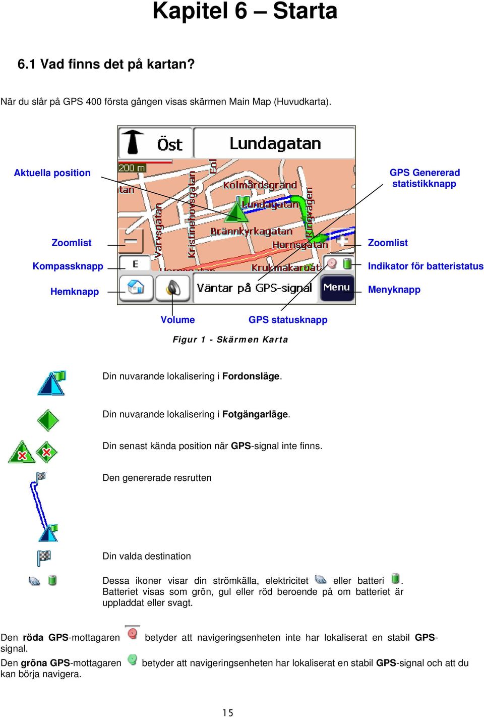 i Fordonsläge. Din nuvarande lokalisering i Fotgängarläge. Din senast kända position när GPS-signal inte finns.