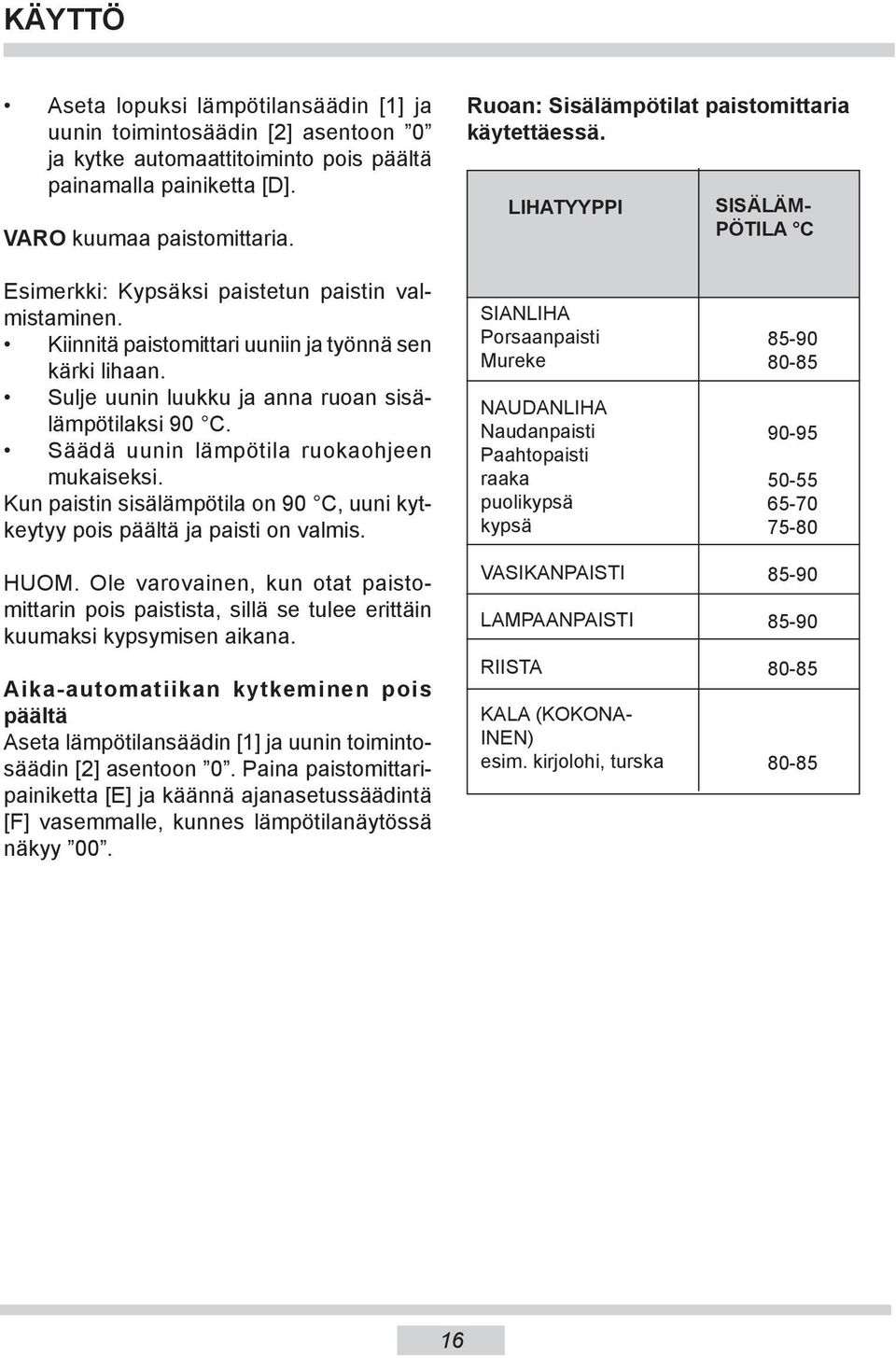 Sulje uunin luukku ja anna ruoan sisälämpötilaksi 90 C. Säädä uunin lämpötila ru oka oh je en mukaiseksi. Kun paistin sisälämpötila on 90 C, uuni kytkeytyy pois päältä ja paisti on valmis. HUOM.