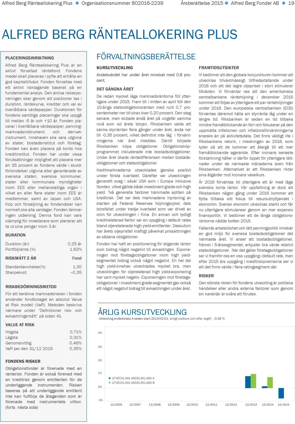 Den aktiva riskexponeringen sker genom att positioner tas i duration, räntekurva, krediter och val av överlåtbara värdepapper.