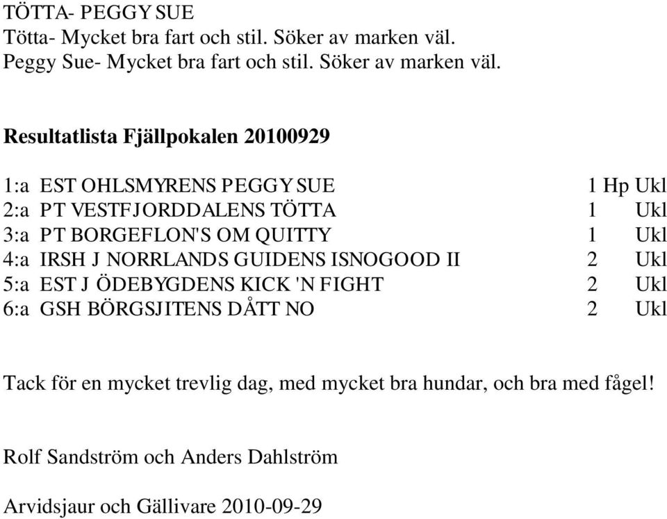 Resultatlista Fjällpokalen 20100929 1:a EST OHLSMYRENS PEGGY SUE 1 Hp Ukl 2:a PT VESTFJORDDALENS TÖTTA 1 Ukl 3:a PT BORGEFLON'S OM