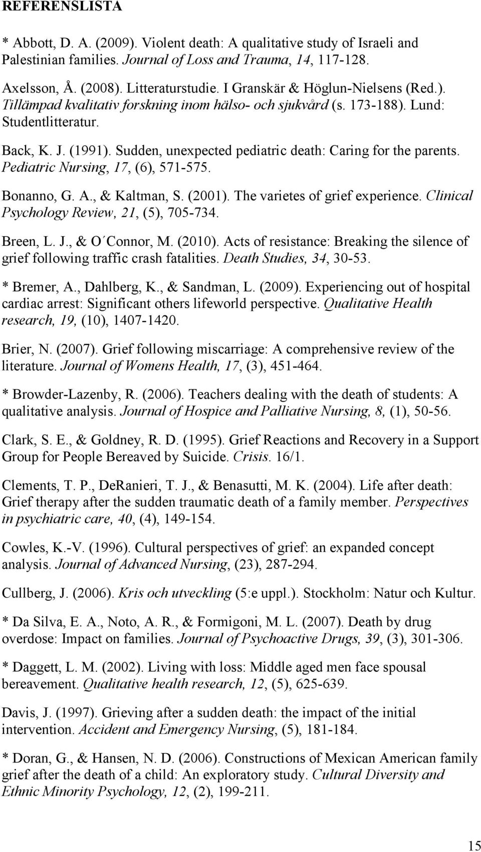 Sudden, unexpected pediatric death: Caring for the parents. Pediatric Nursing, 17, (6), 571-575. Bonanno, G. A., & Kaltman, S. (2001). The varietes of grief experience.