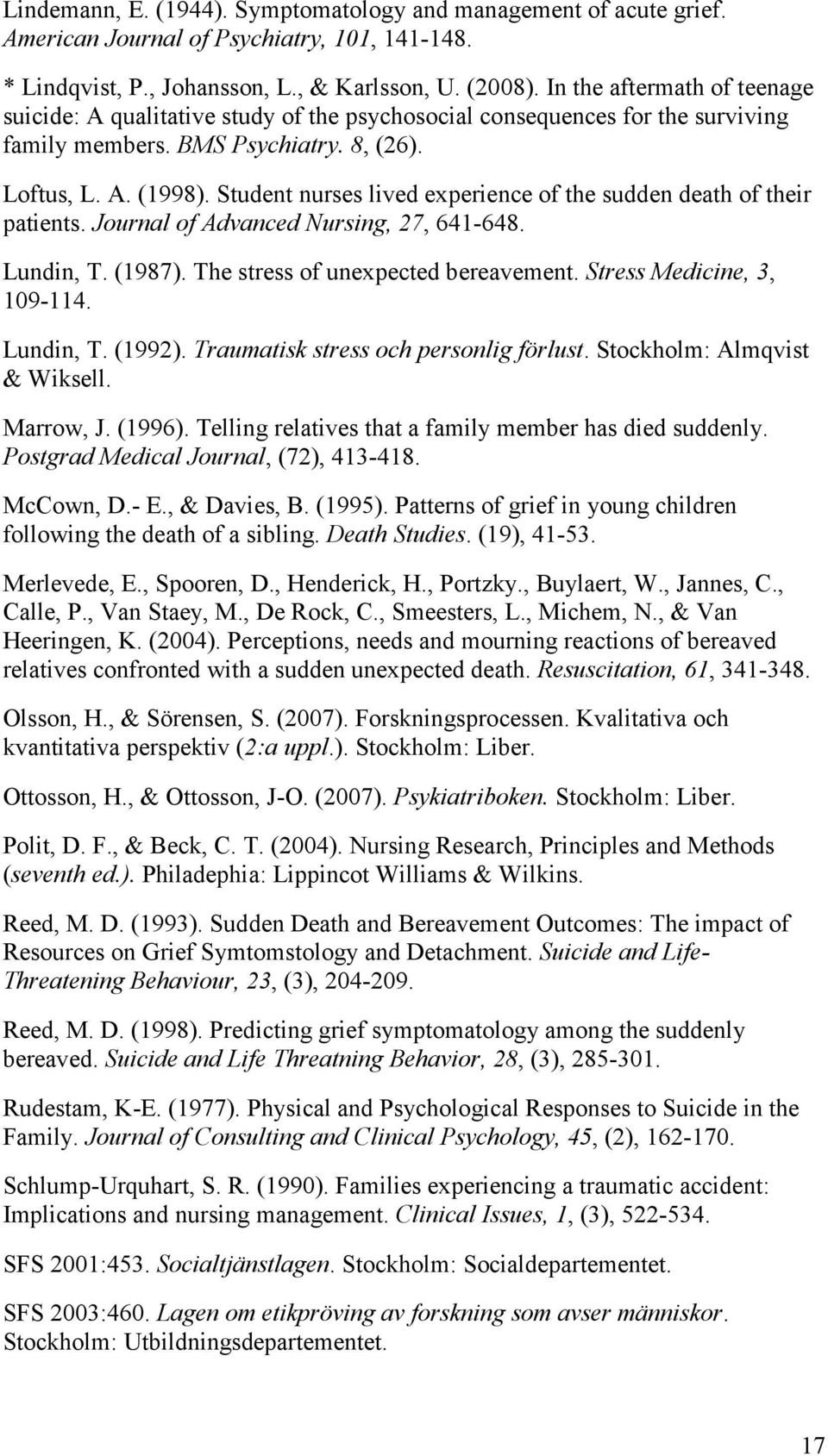 Student nurses lived experience of the sudden death of their patients. Journal of Advanced Nursing, 27, 641-648. Lundin, T. (1987). The stress of unexpected bereavement. Stress Medicine, 3, 109-114.