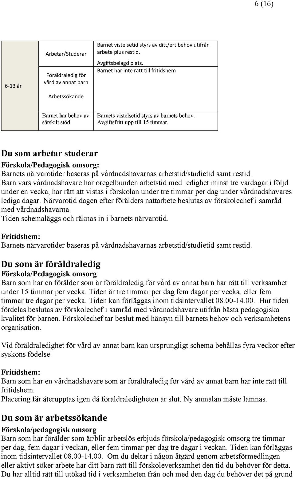 Du som arbetar studerar Förskola/Pedagogisk omsorg: Barnets närvarotider baseras på vårdnadshavarnas arbetstid/studietid samt restid.