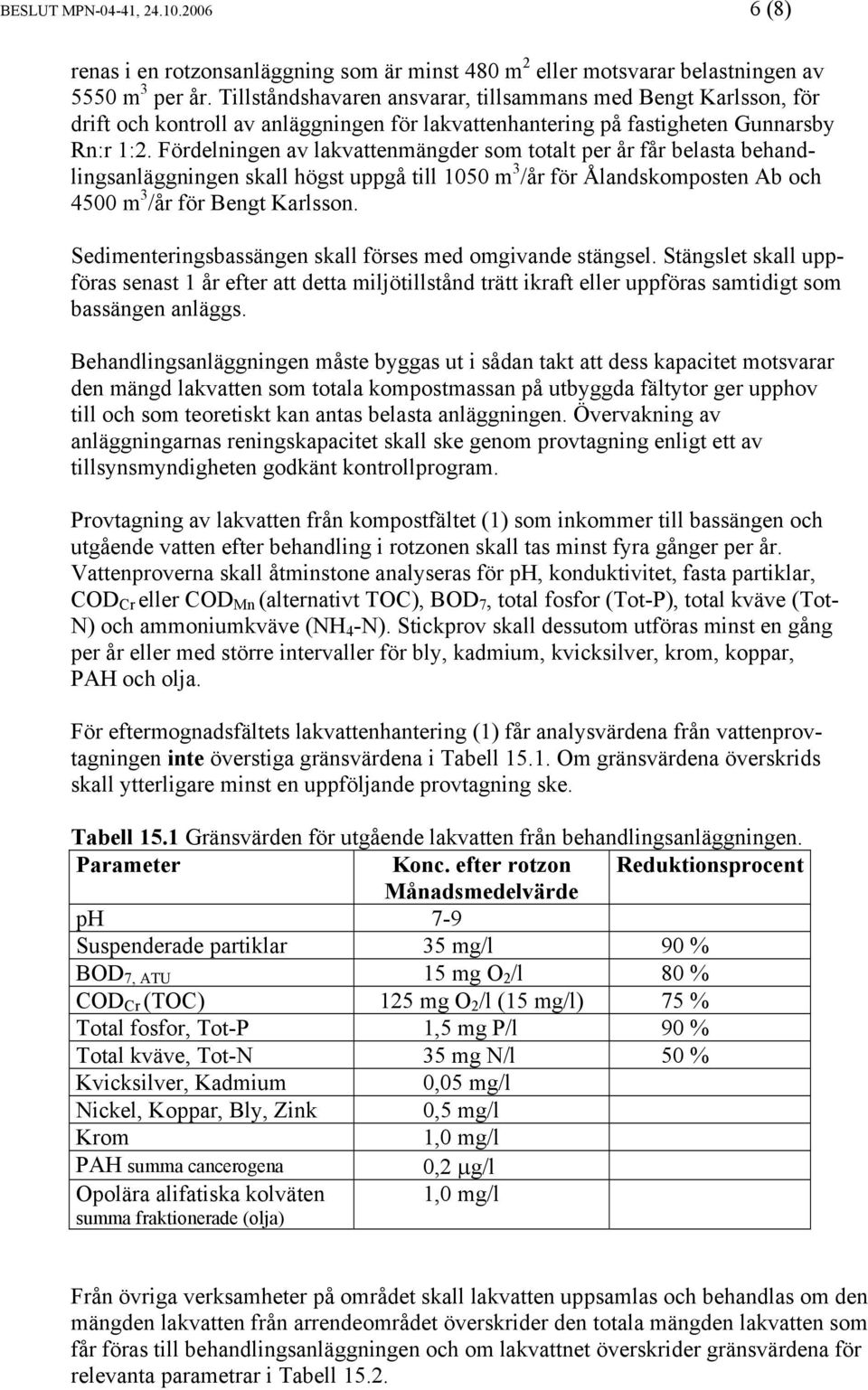 Fördelningen av lakvattenmängder som totalt per år får belasta behandlingsanläggningen skall högst uppgå till 1050 m 3 /år för Ålandskomposten Ab och 4500 m 3 /år för Bengt Karlsson.