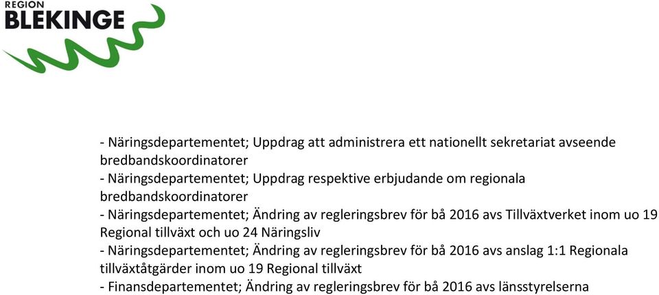 Tillväxtverket inom uo 19 Regional tillväxt och uo 24 Näringsliv Näringsdepartementet; Ändring av regleringsbrev för bå 2016 avs