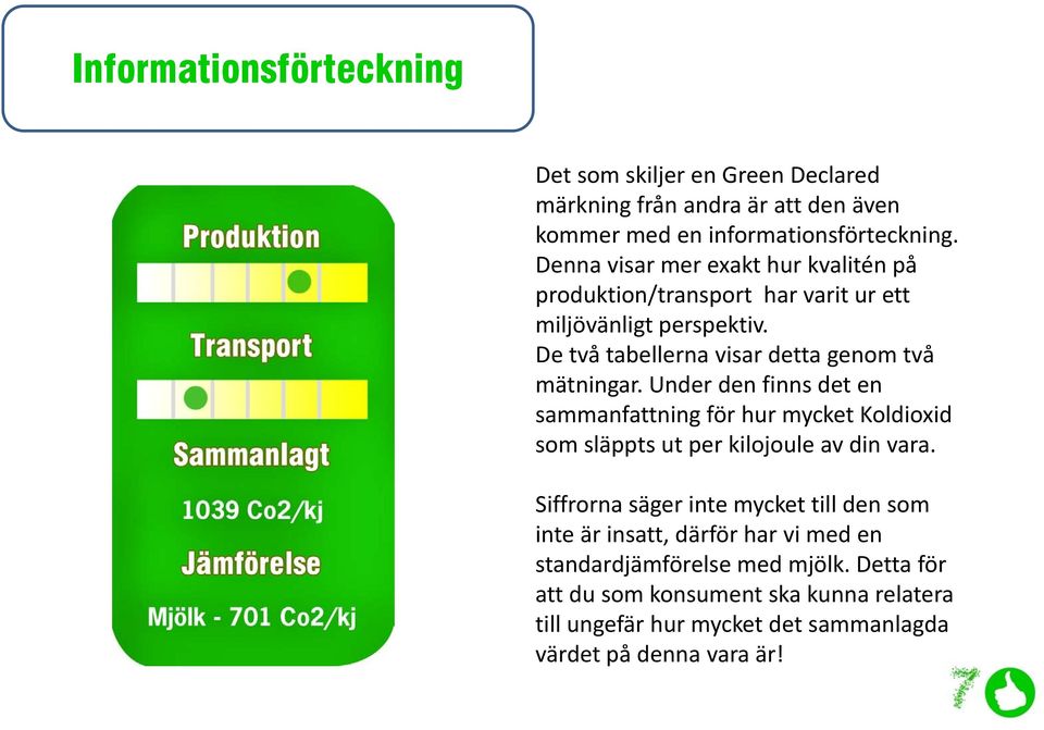 Under den finns det en sammanfattning för hur mycket Koldioxid som släppts ut per kilojoule av din vara.