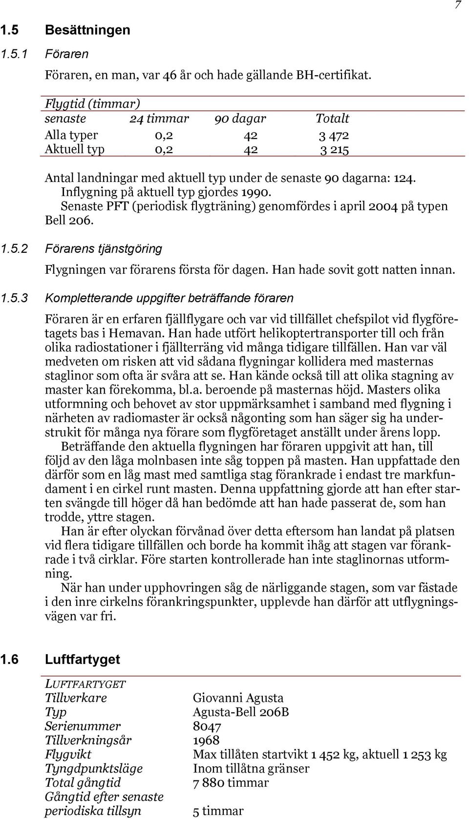 Inflygning på aktuell typ gjordes 1990. Senaste PFT (periodisk flygträning) genomfördes i april 2004 på typen Bell 206. 1.5.2 Förarens tjänstgöring Flygningen var förarens första för dagen.