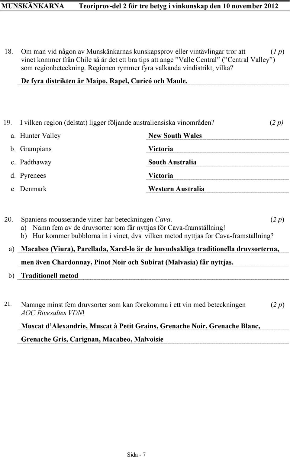 Hunter Valley New South Wales b. Grampians Victoria c. Padthaway South Australia d. Pyrenees Victoria e. Denmark Western Australia 20. Spaniens mousserande viner har beteckningen Cava.