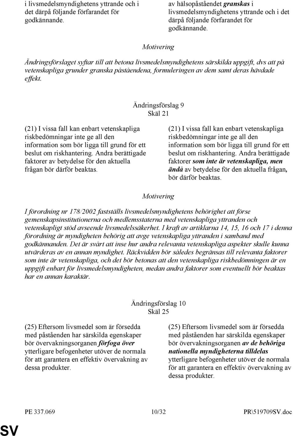 hävdade effekt. Ändringsförslag 9 Skäl 21 (21) I vissa fall kan enbart vetenskapliga riskbedömningar inte ge all den information som bör ligga till grund för ett beslut om riskhantering.