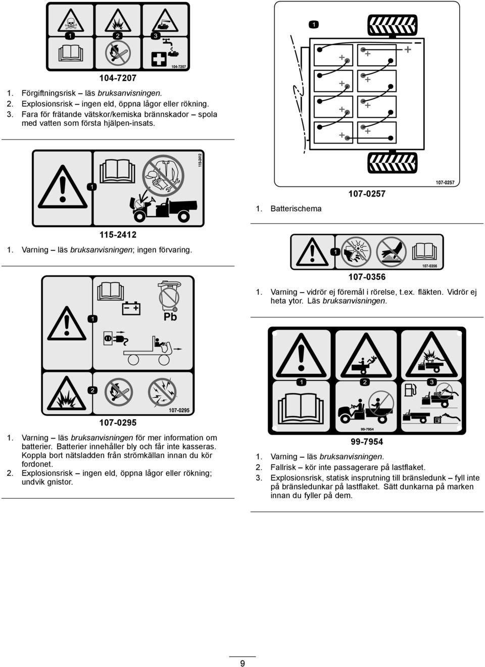 107-0295 1. Varning läs bruksanvisningen för mer information om batterier. Batterier innehåller bly och får inte kasseras. Koppla bort nätsladden från strömkällan innan du kör fordonet. 2.