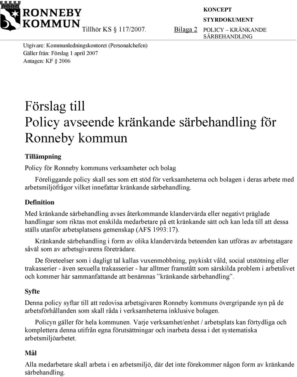 kränkande särbehandling för Ronneby kommun Tillämpning Policy för Ronneby kommuns verksamheter och bolag Föreliggande policy skall ses som ett stöd för verksamheterna och bolagen i deras arbete med