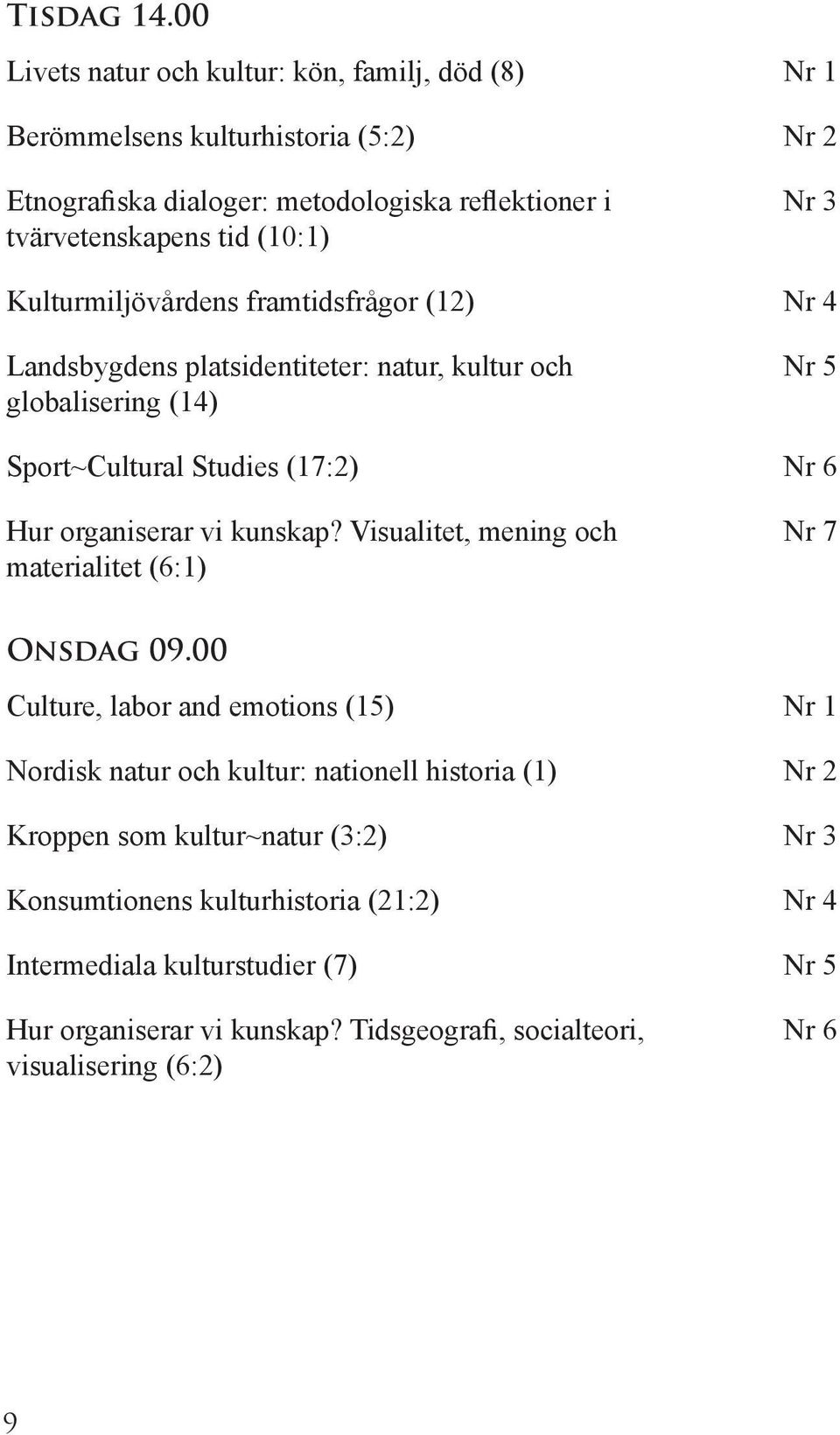 Kulturmiljövårdens framtidsfrågor (12) Nr 4 Landsbygdens platsidentiteter: natur, kultur och Nr 5 globalisering (14) Sport~Cultural Studies (17:2) Nr 6 Hur organiserar vi kunskap?