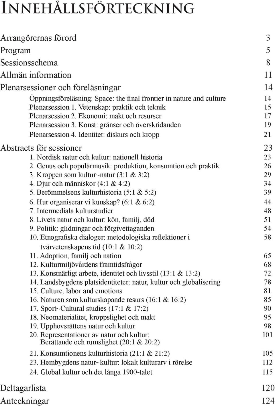 Identitet: diskurs och kropp 21 Abstracts för sessioner 23 1. Nordisk natur och kultur: nationell historia 23 2. Genus och populärmusik: produktion, konsumtion och praktik 26 3.