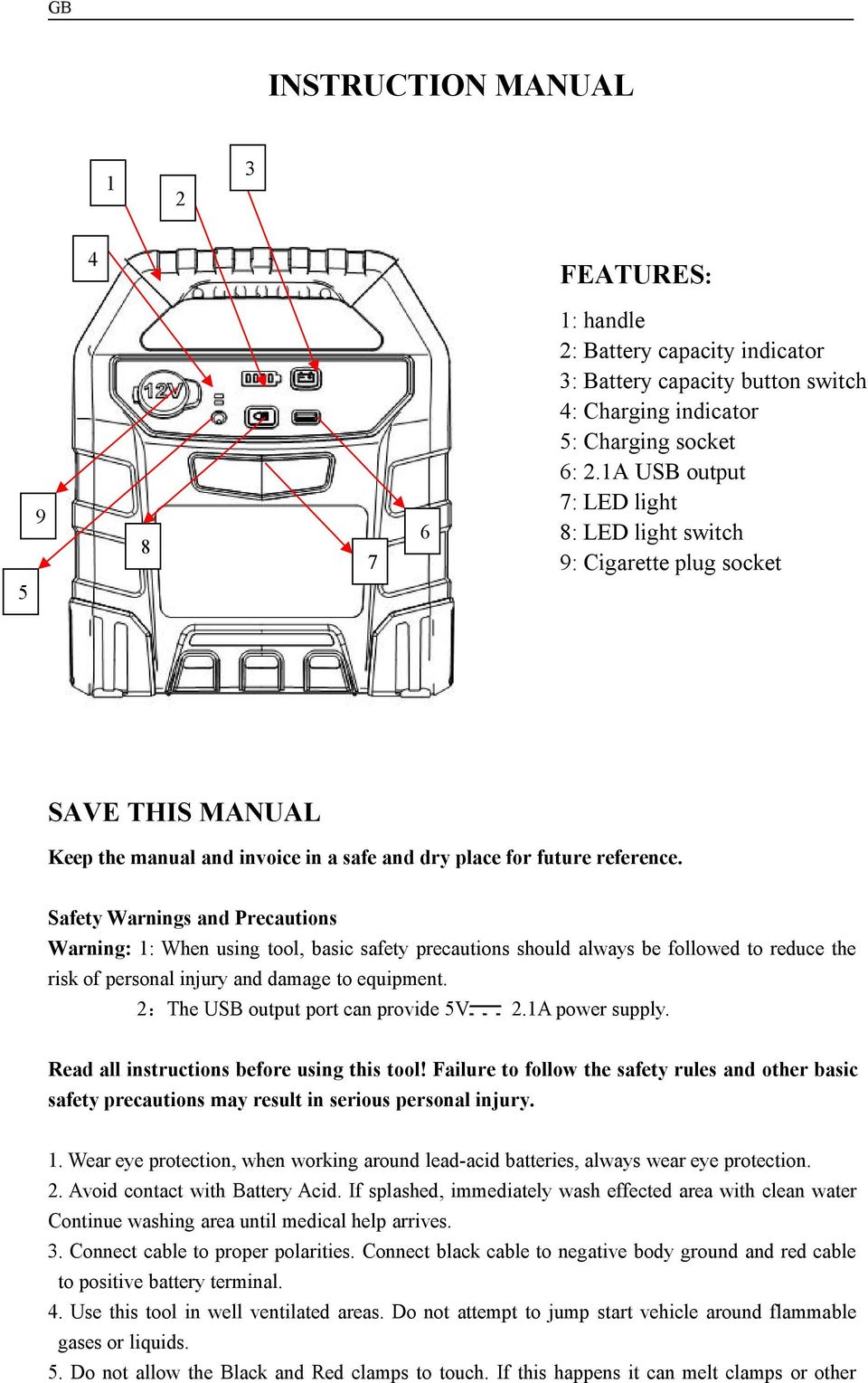 Safety Warnings and Precautions Warning: 1: When using tool, basic safety precautions should always be followed to reduce the risk of personal injury and damage to equipment.