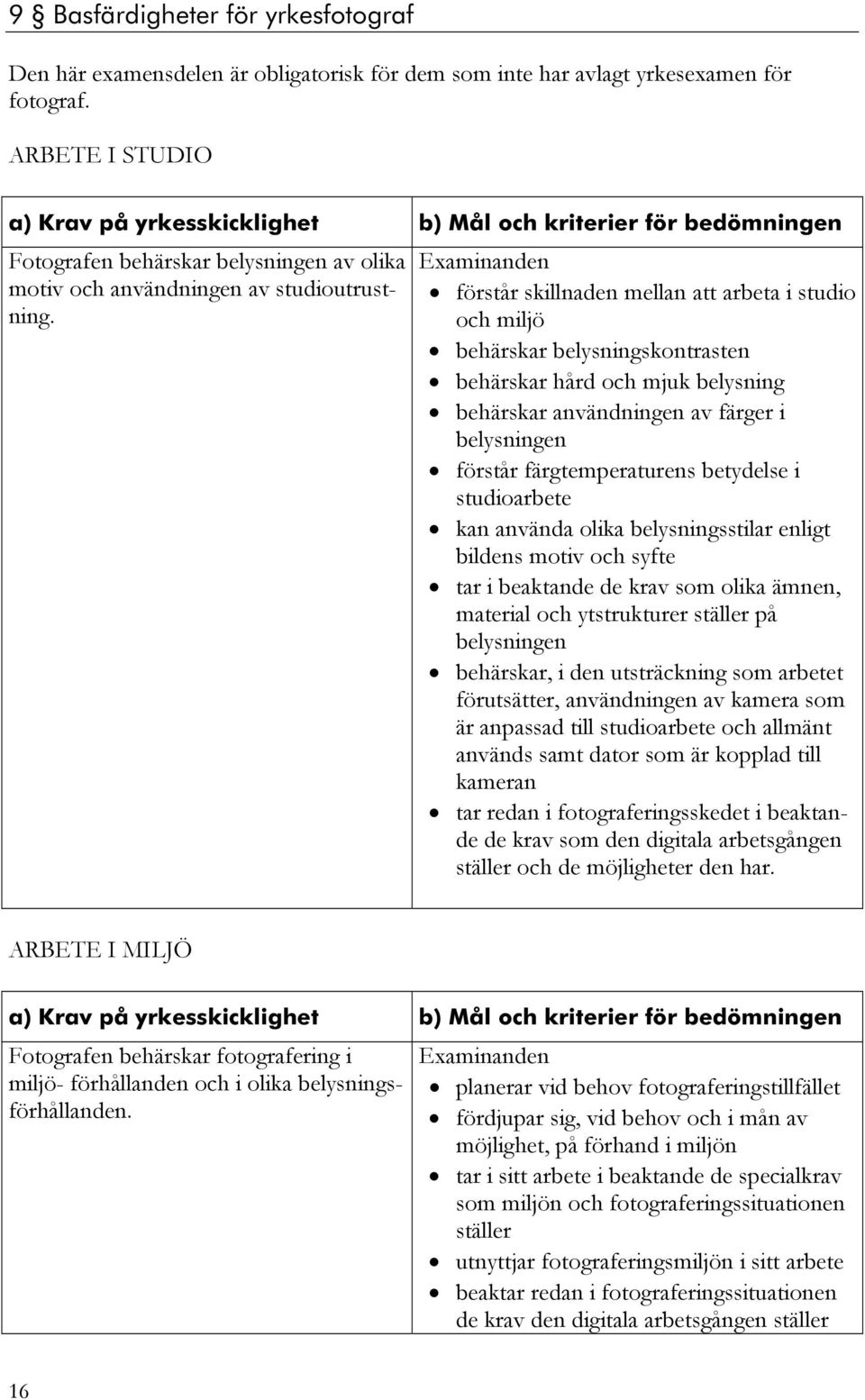 förstår skillnaden mellan att arbeta i studio och miljö behärskar belysningskontrasten behärskar hård och mjuk belysning behärskar användningen av färger i belysningen förstår färgtemperaturens