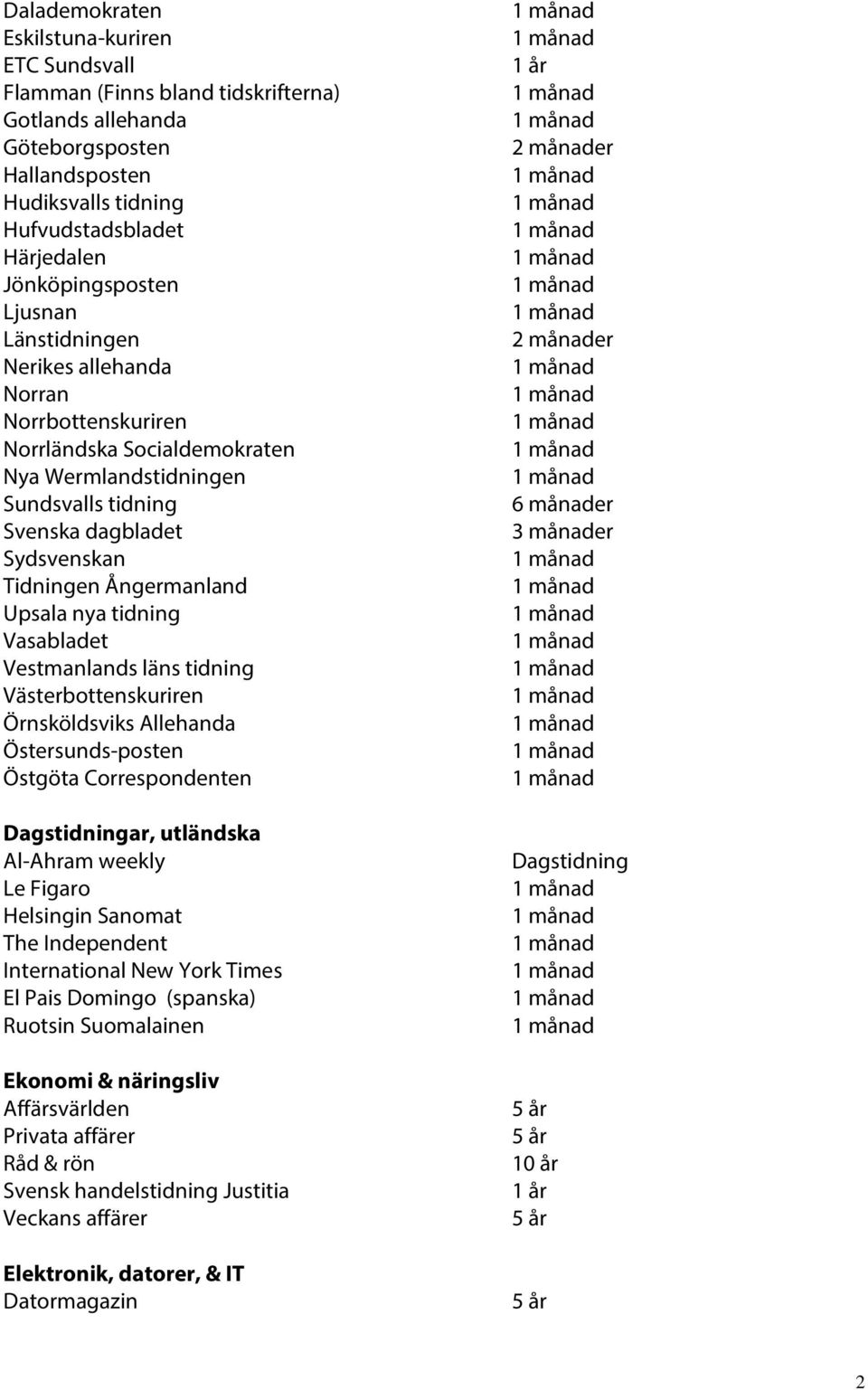 nya tidning Vasabladet Vestmanlands läns tidning Västerbottenskuriren Örnsköldsviks Allehanda Östersunds-posten Östgöta Correspondenten Dagstidningar, utländska Al-Ahram weekly Le Figaro Helsingin