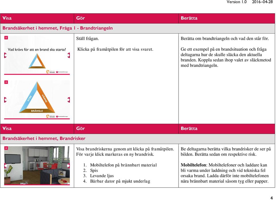 Brandsäkerhet i hemmet, Brandrisker Visa brandriskerna genom att klicka på framåtpilen. För varje klick markeras en ny brandrisk. 1. Mobiltelefon på brännbart material 2. Spis 3. Levande ljus 4.