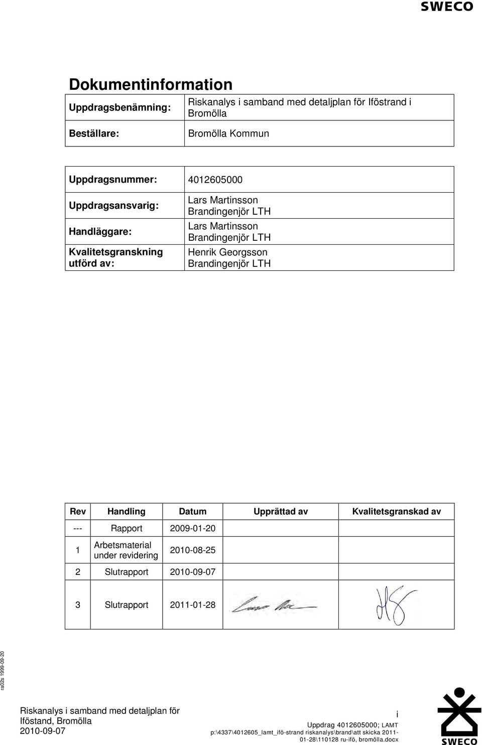 Brandingenjör LTH Henrik Georgsson Brandingenjör LTH Rev Handling Datum Upprättad av Kvalitetsgranskad av --- Rapport 2009-01-20 1