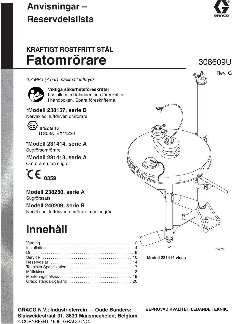 *Modell 238157, serie B Nerväxlad, luftdriven omrörare *Modell 231414, serie A Sugrörsomrörare *Modell 231413, serie A Omrörare utan sugrör * II 1/2 G T6 ITS03ATEX11226 0359 Modell 238250, serie A