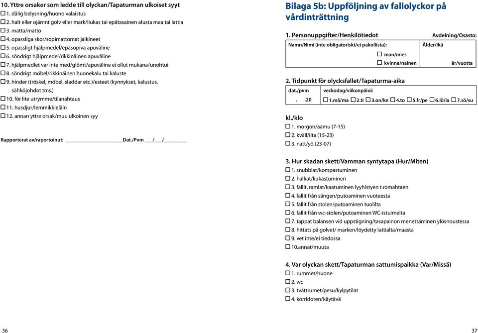 söndrigt möbel/rikkinäinen huonekalu tai kaluste 9. hinder (tröskel, möbel, sladdar etc.)/esteet (kynnykset, kalustus, sähköjohdot tms.) 10. för lite utrymme/tilanahtaus 11. husdjur/lemmikkieläin 12.