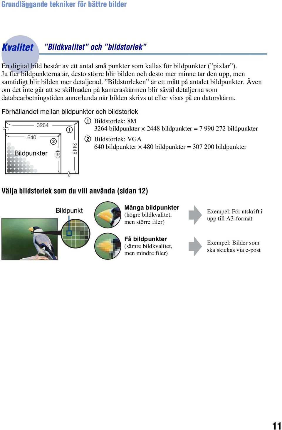 Även om det inte går att se skillnaden på kameraskärmen blir såväl detaljerna som databearbetningstiden annorlunda när bilden skrivs ut eller visas på en datorskärm.