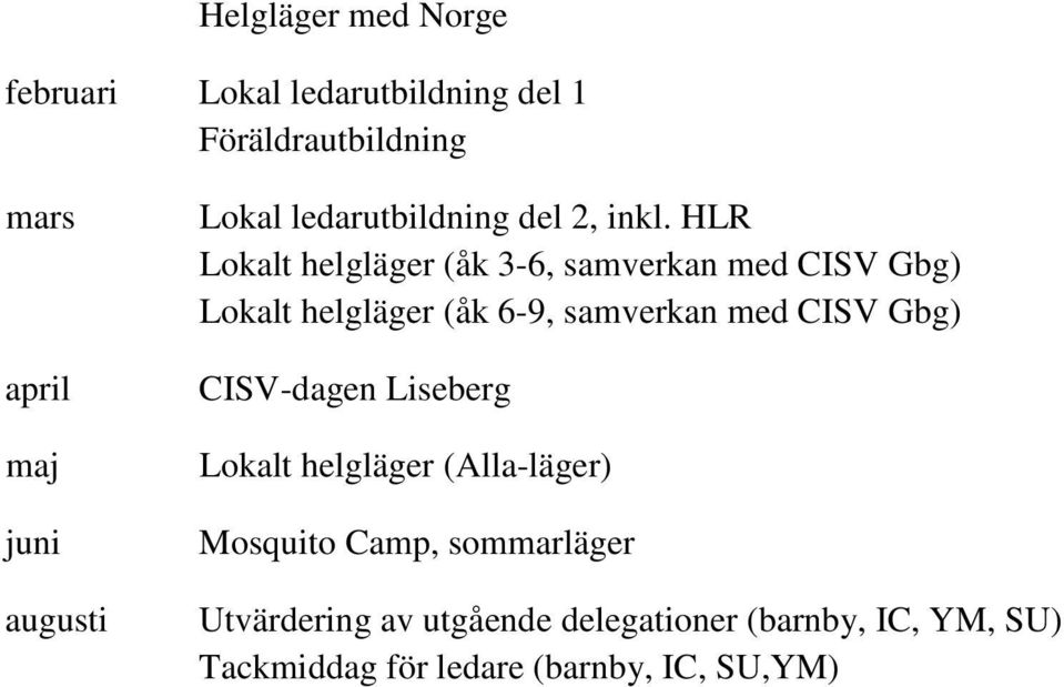 HLR Lokalt helgläger (åk 3-6, samverkan med CISV Gbg) Lokalt helgläger (åk 6-9, samverkan med CISV Gbg)