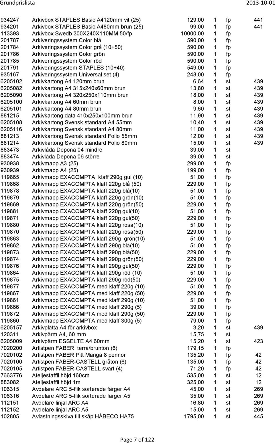 Arkiveringssystem STAPLES (10+40) 549,00 1 fp 935167 Arkiveringssystem Universal set (4) 248,00 1 fp 6205102 Arkivkartong A4 120mm brun 6,64 1 st 439 6205082 Arkivkartong A4 315x240x60mm brun 13,80 1