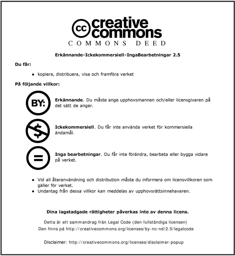 Du får inte förändra, bearbeta eller bygga vidare på verket. Vid all återanvändning och distribution måste du informera om licensvillkoren som gäller för verket.