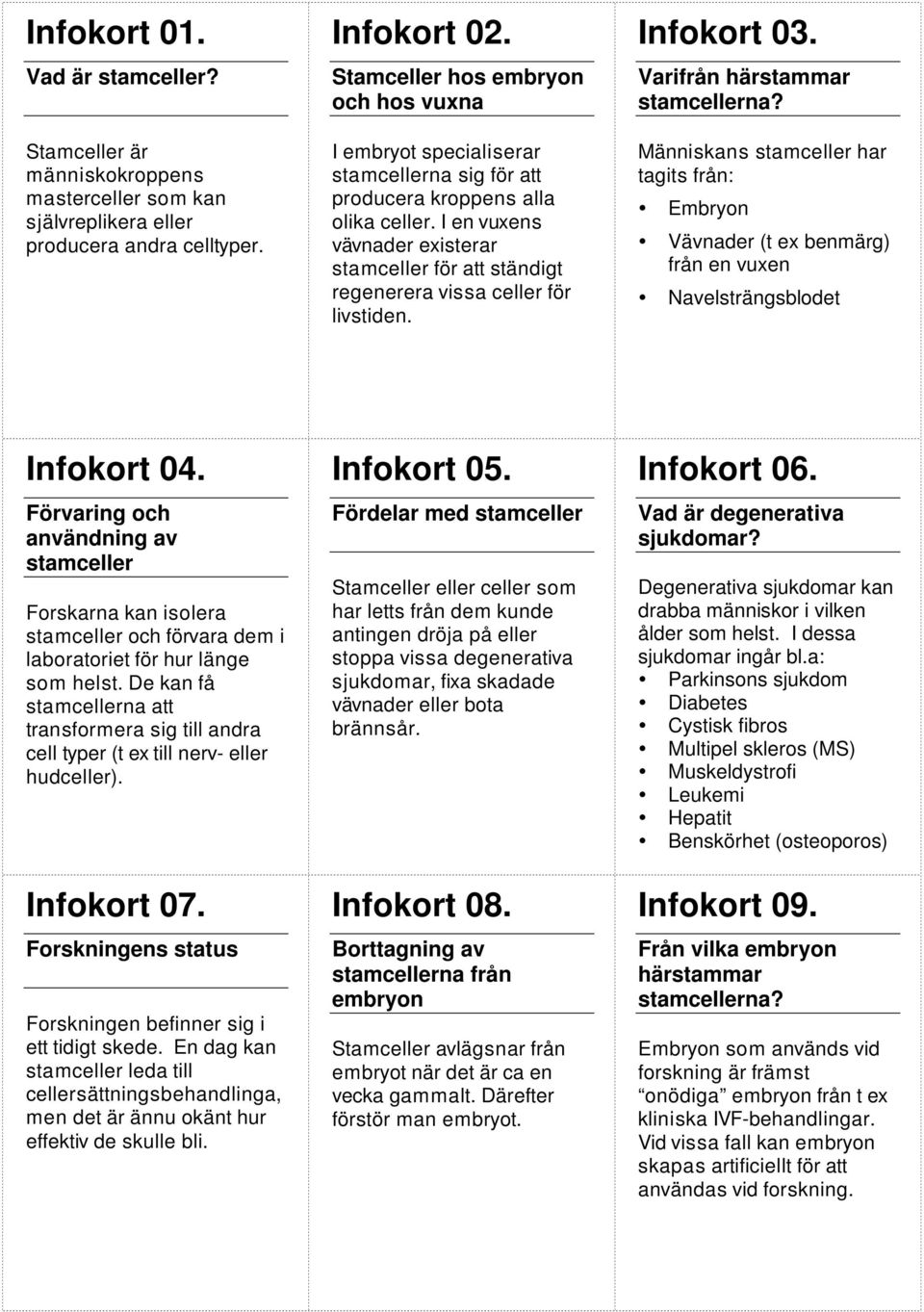 I en vuxens vävnader existerar stamceller för att ständigt regenerera vissa celler för livstiden. Infokort 03. Varifrån härstammar stamcellerna?