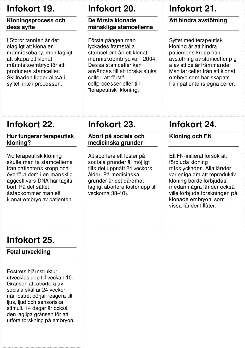 Dessa stamceller kan användas till att forska sjuka celler, att förstå cellprocesser eller till "terapeutisk kloning. Infokort 21.