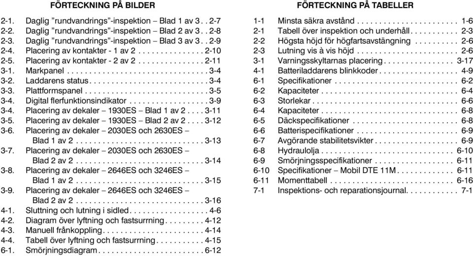 Plattformspanel............................ 3-5 3-4. Digital flerfunktionsindikator.................. 3-9 3-4. Placering av dekaler 1930ES Blad 1 av 2.... 3-11 3-5.