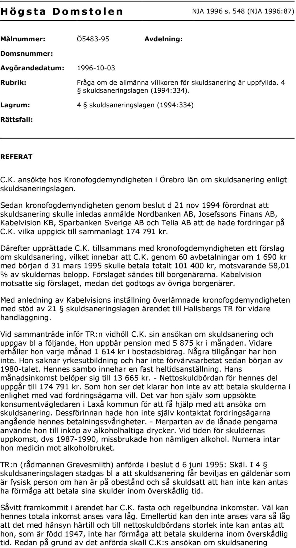 Sedan kronofogdemyndigheten genom beslut d 21 nov 1994 förordnat att skuldsanering skulle inledas anmälde Nordbanken AB, Josefssons Finans AB, Kabelvision KB, Sparbanken Sverige AB och Telia AB att