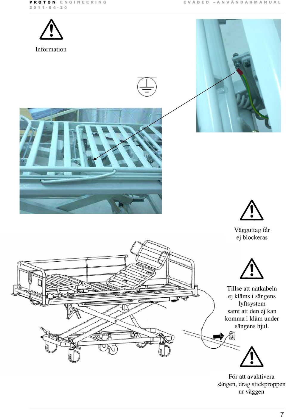 kläms i sängens lyftsystem samt att den ej kan komma i kläm