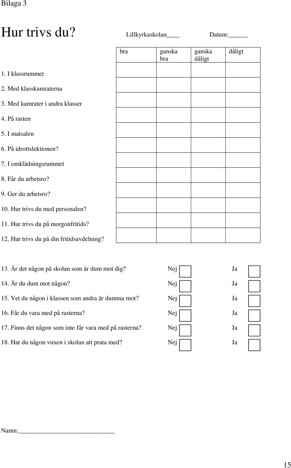 Hur trivs du på din fritidsavdelning? 13. Är det någon på skolan som är dum mot dig? Nej Ja 14. Är du dum mot någon? Nej Ja 15.