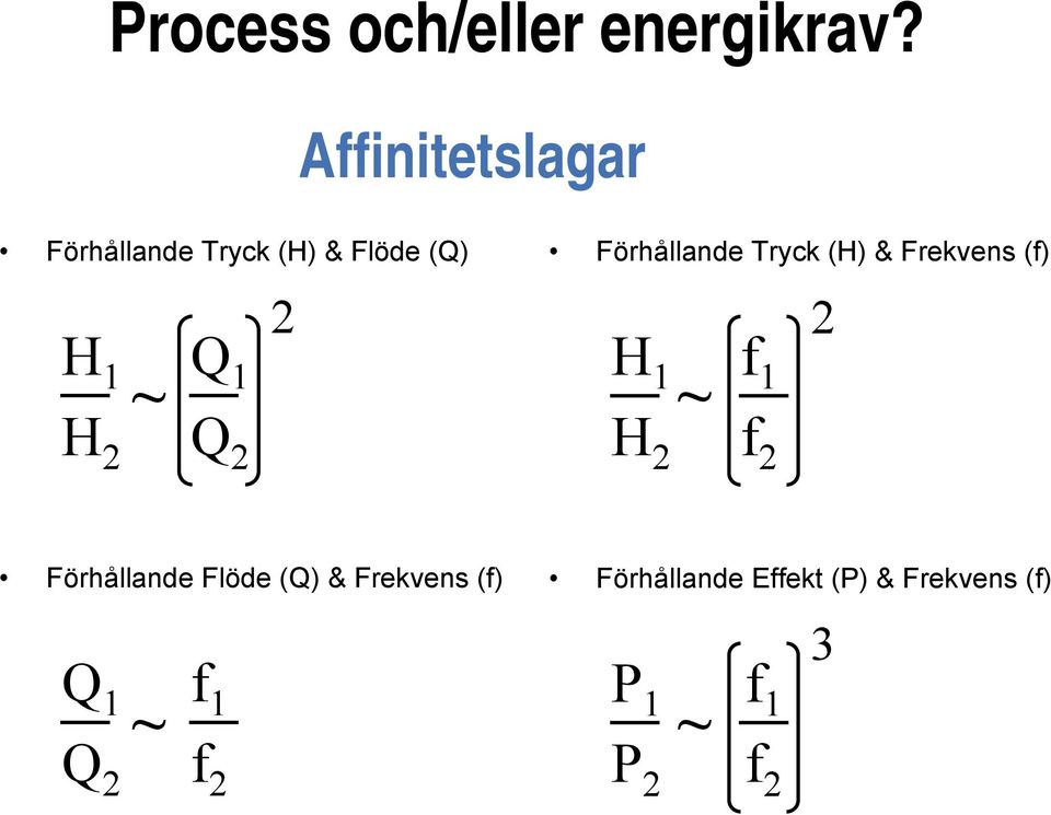 (f) H 1 Q 1 H 2 Q 2 2 H 1 f 1 ~ ~ H 2 f 2 2 Förhållande Flöde (Q) & Frekvens (f)