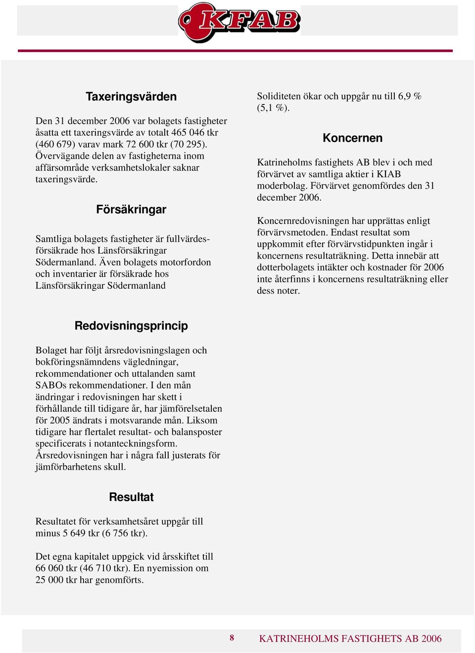 Även bolagets motorfordon och inventarier är försäkrade hos Länsförsäkringar Södermanland Soliditeten ökar och uppgår nu till 6,9 % (5,1 %).