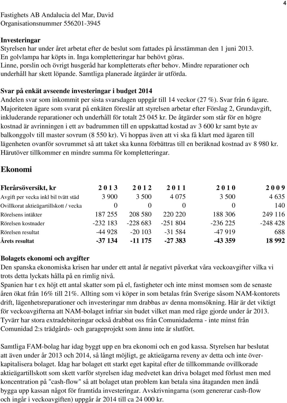 Svar på enkät avseende investeringar i budget 2014 Andelen svar som inkommit per sista svarsdagen uppgår till 14 veckor (27 %). Svar från 6 ägare.