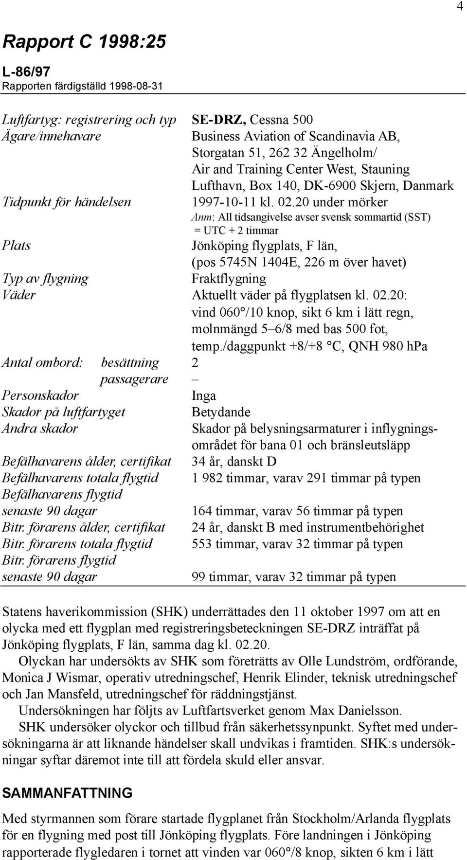 20 under mörker Anm: All tidsangivelse avser svensk sommartid (SST) = UTC + 2 timmar Plats Jönköping flygplats, F län, (pos 5745N 1404E, 226 m över havet) Typ av flygning Fraktflygning Väder Aktuellt