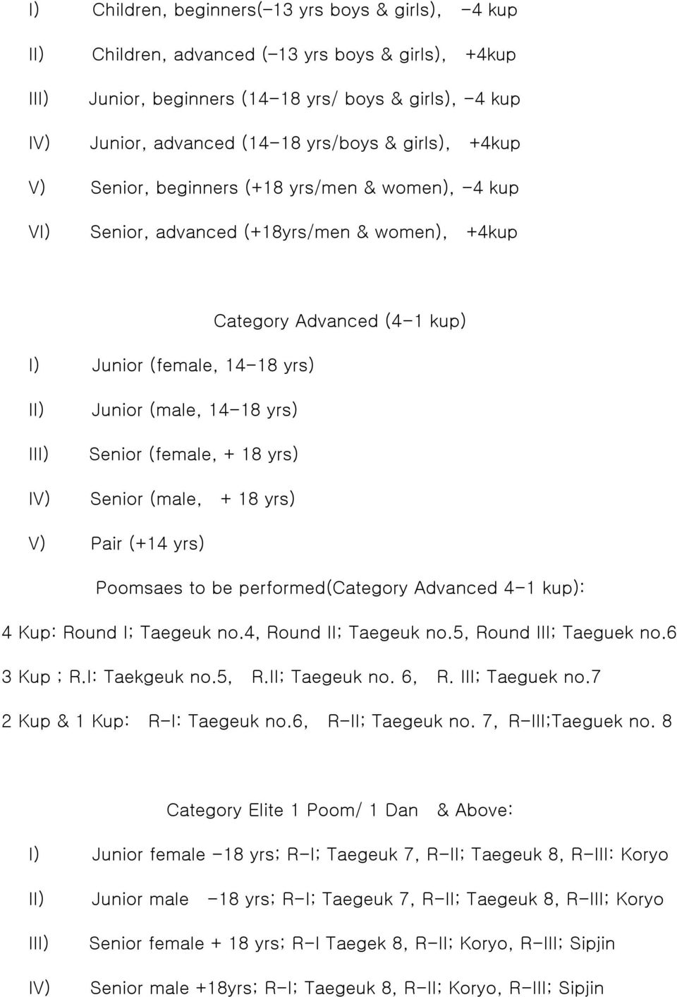 (female, + 18 yrs) Senior (male, + 18 yrs) V) Pair (+14 yrs) Poomsaes to be performed(category Advanced 4-1 kup): 4 Kup: Round I; Taegeuk no.4, Round II; Taegeuk no.5, Round III; Taeguek no.