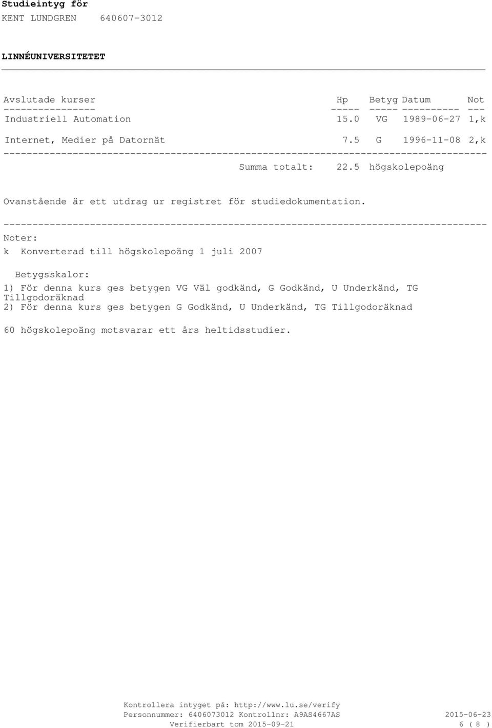 5_ högskolepoäng k Konverterad till högskolepoäng 1 juli 2007 1) För denna kurs ges betygen