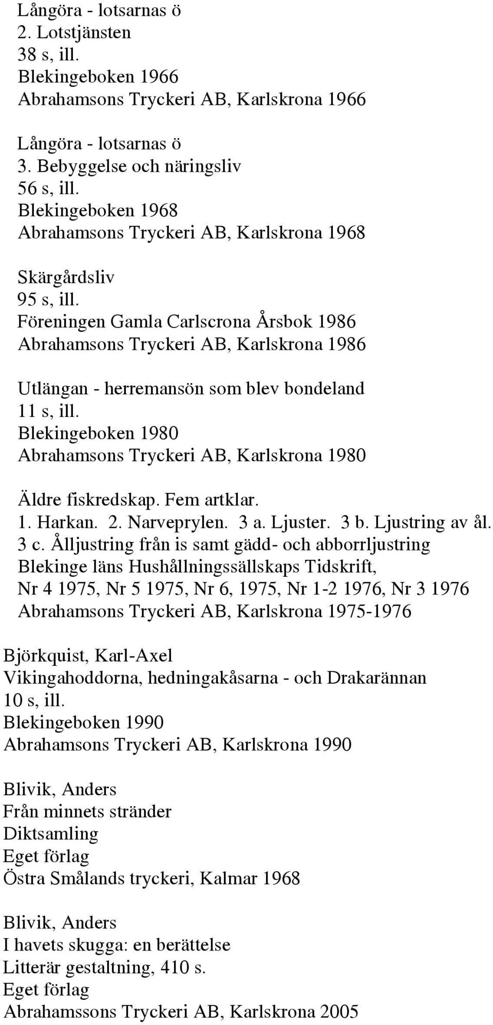 Föreningen Gamla Carlscrona Årsbok 1986 Abrahamsons Tryckeri AB, Karlskrona 1986 Utlängan - herremansön som blev bondeland 11 s, ill.