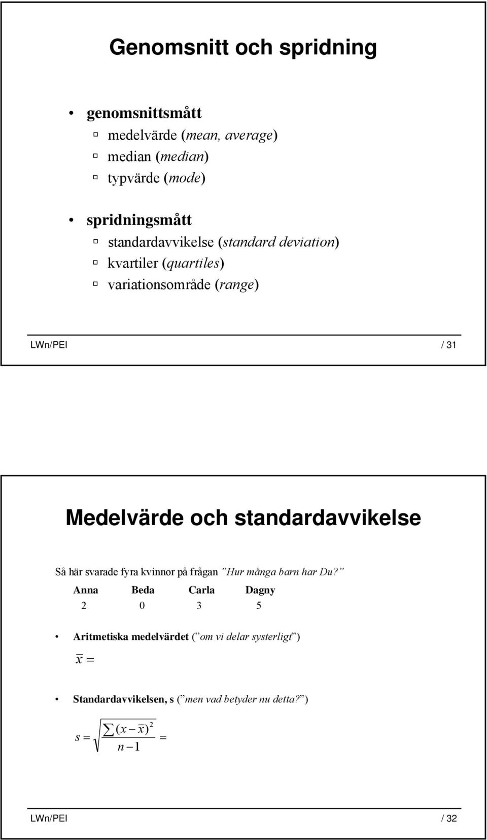 standardavvikelse Så här svarade fyra kvinnor på frågan Hur många barn har Du?