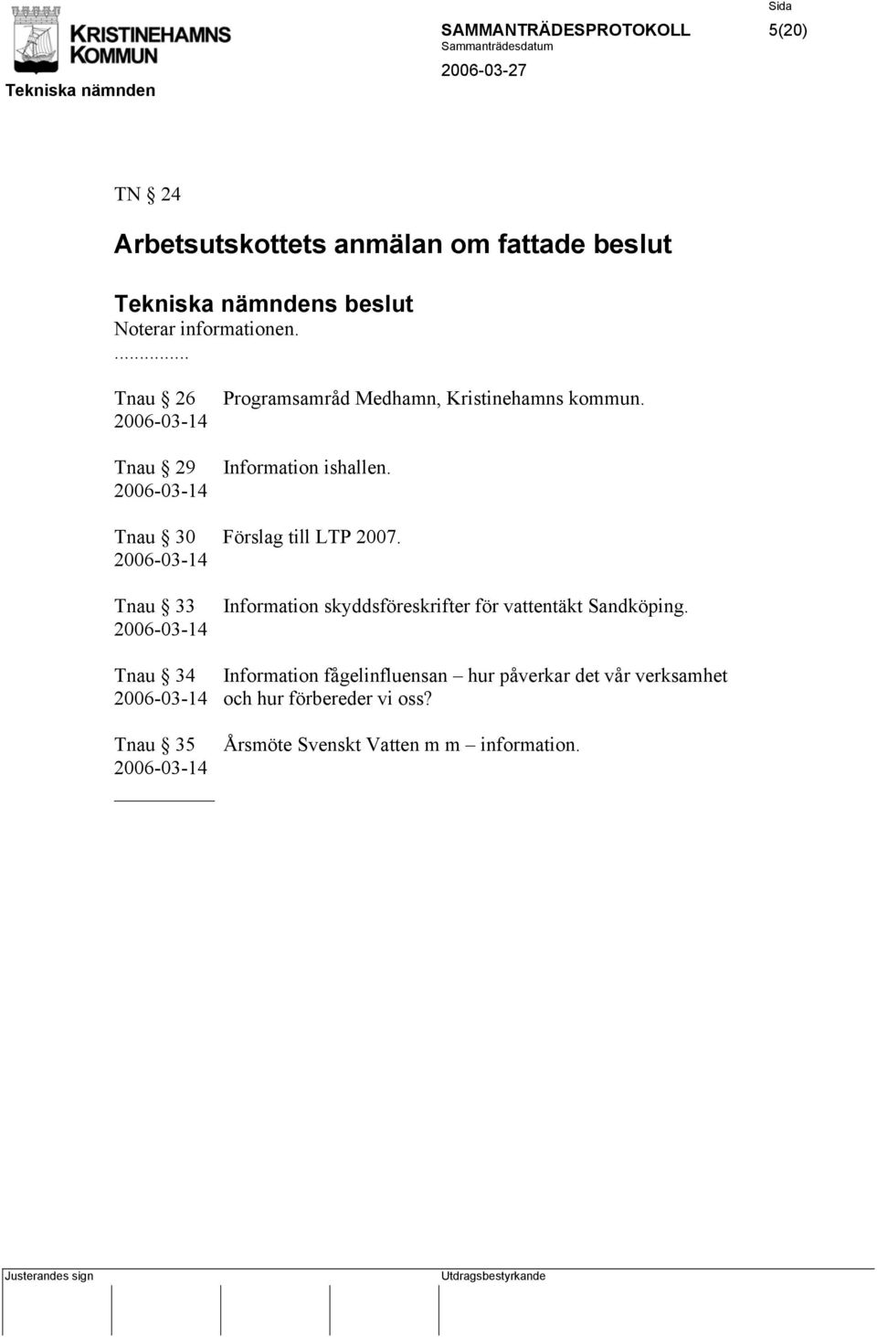 Tnau 30 Förslag till LTP 2007. 2006-03-14 Tnau 33 2006-03-14 Information skyddsföreskrifter för vattentäkt Sandköping.