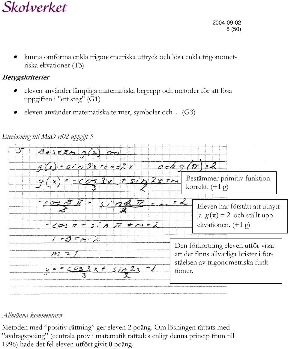 (+1 g) Eleven har förstått att utnyttja g( π) = 2 och ställt upp ekvationen.