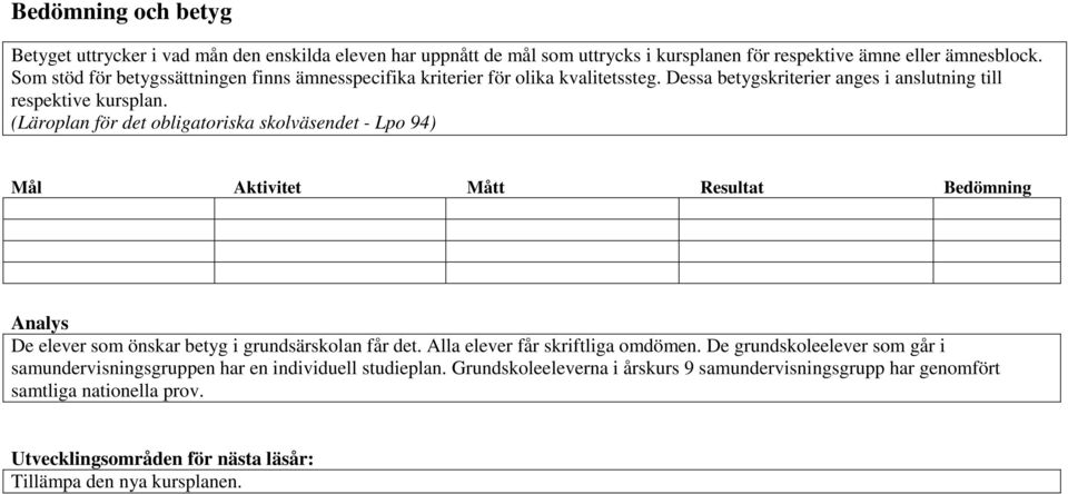 (Läroplan för det obligatoriska skolväsendet - Lpo 94) Mål Aktivitet Mått Resultat Bedömning Analys De elever som önskar betyg i grundsärskolan får det.