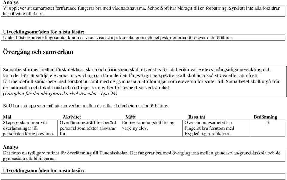 Övergång och samverkan Samarbetsformer mellan förskoleklass, skola och fritidshem skall utvecklas för att berika varje elevs mångsidiga utveckling och lärande.
