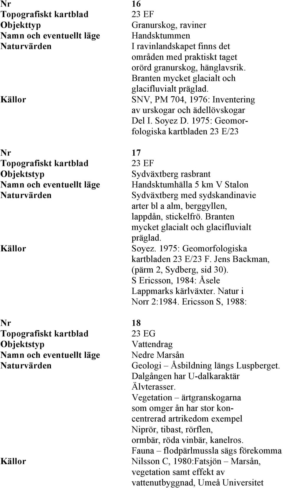 1975: Geomorfologiska kartbladen 23 E/23 Nr 17 Sydväxtberg rasbrant Namn och eventuellt läge Handsktumhälla 5 km V Stalon Sydväxtberg med sydskandinavie arter bl a alm, berggyllen, lappdån,