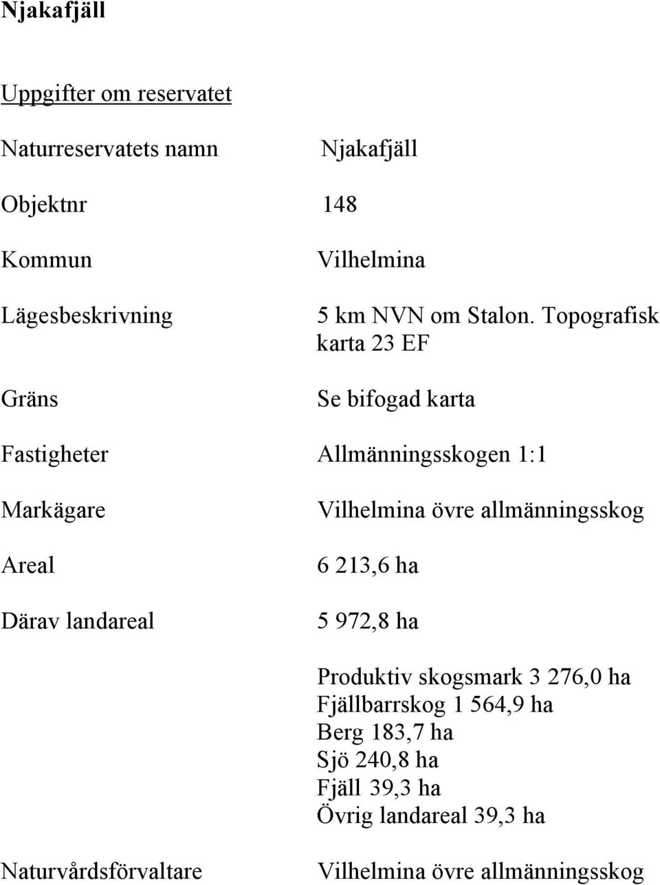 Topografisk karta 23 EF Se bifogad karta Fastigheter Allmänningsskogen 1:1 Markägare Areal Därav landareal Vilhelmina