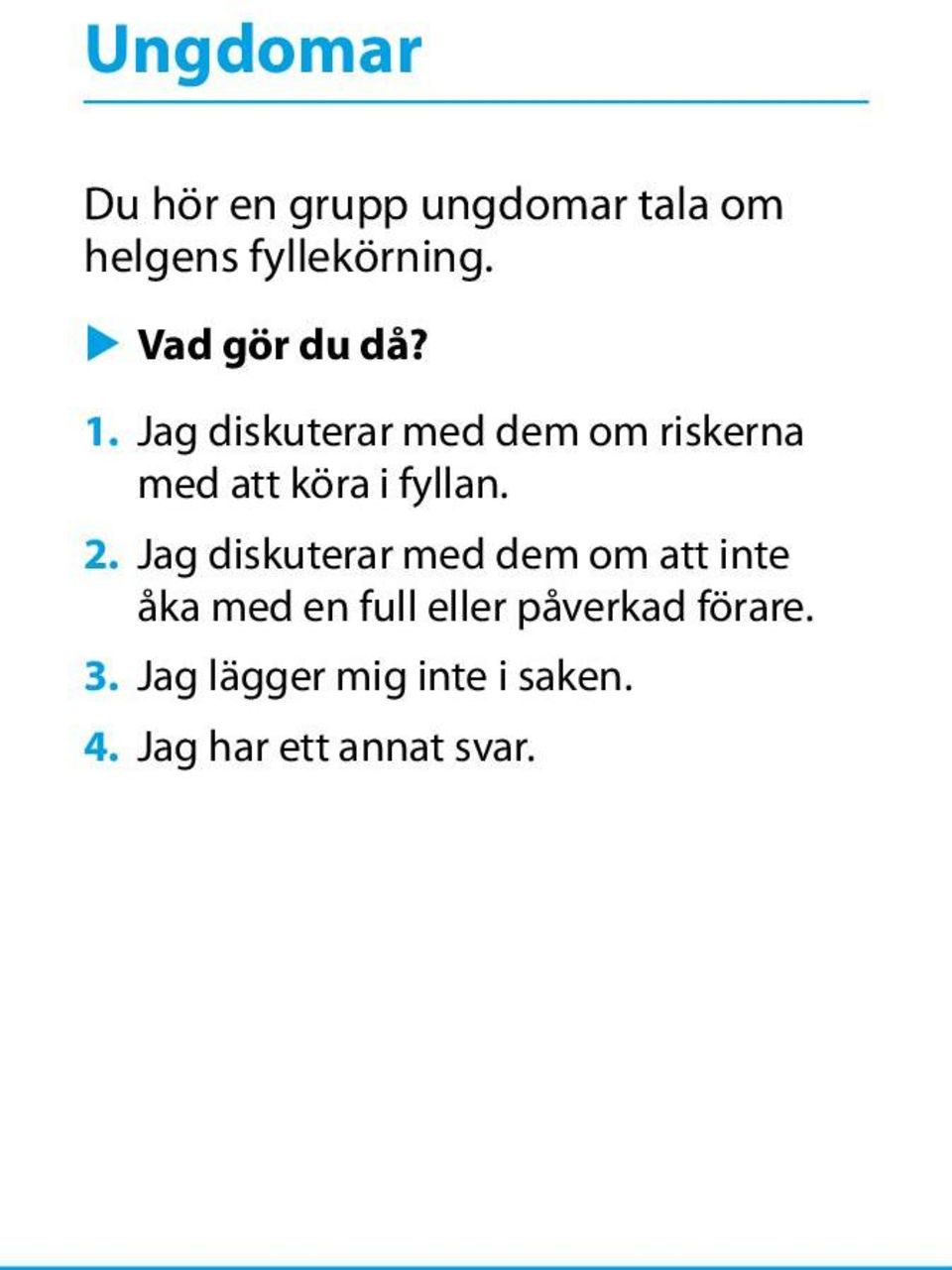 Jag diskuterar med dem om riskerna med att köra i fyllan. 2.